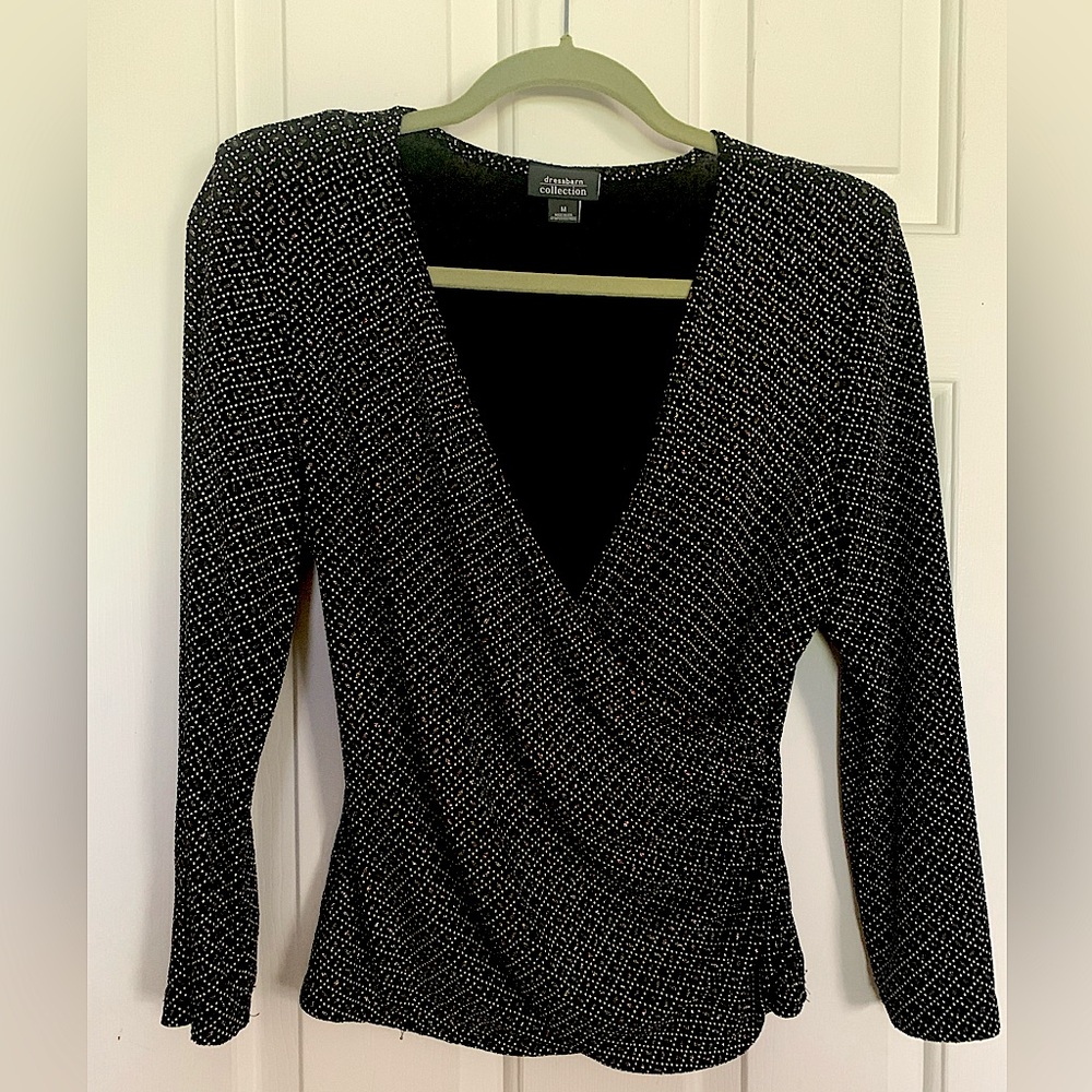Dressbarn Black/White Sequin-like V-neck Long Sleeve Top w/ Wrapped Waist (M)